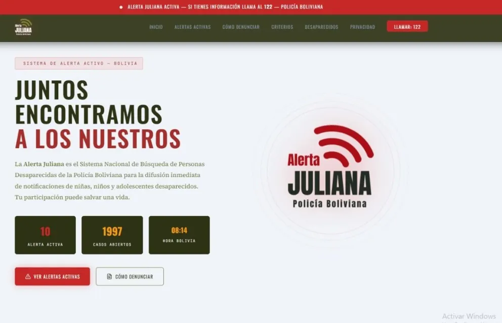Página web del sistema de búsqueda "Alerta Juliana"