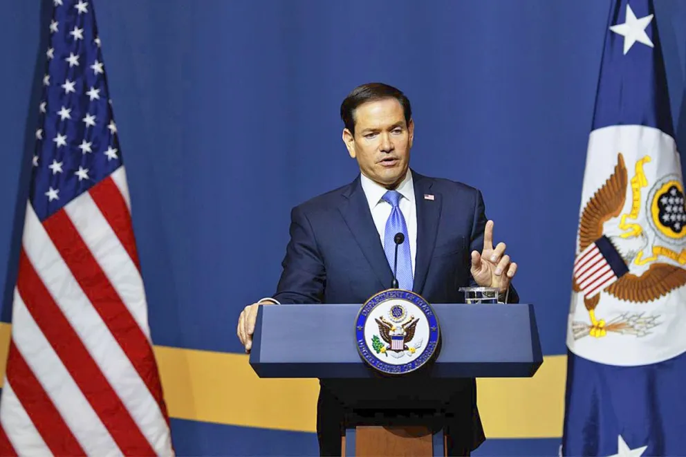El secretario de Estado de EE. UU., Marco Rubio, habla después de la reunión de ministros de Asuntos Exteriores del G20. Foto: EFE
